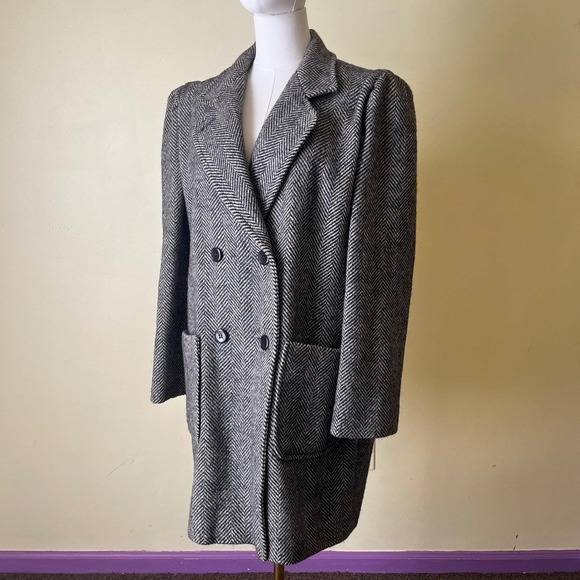 Herringbone Wool Coat Womens 13/14 Gray Black Double Breasted Vintage - Picture 2 of 8